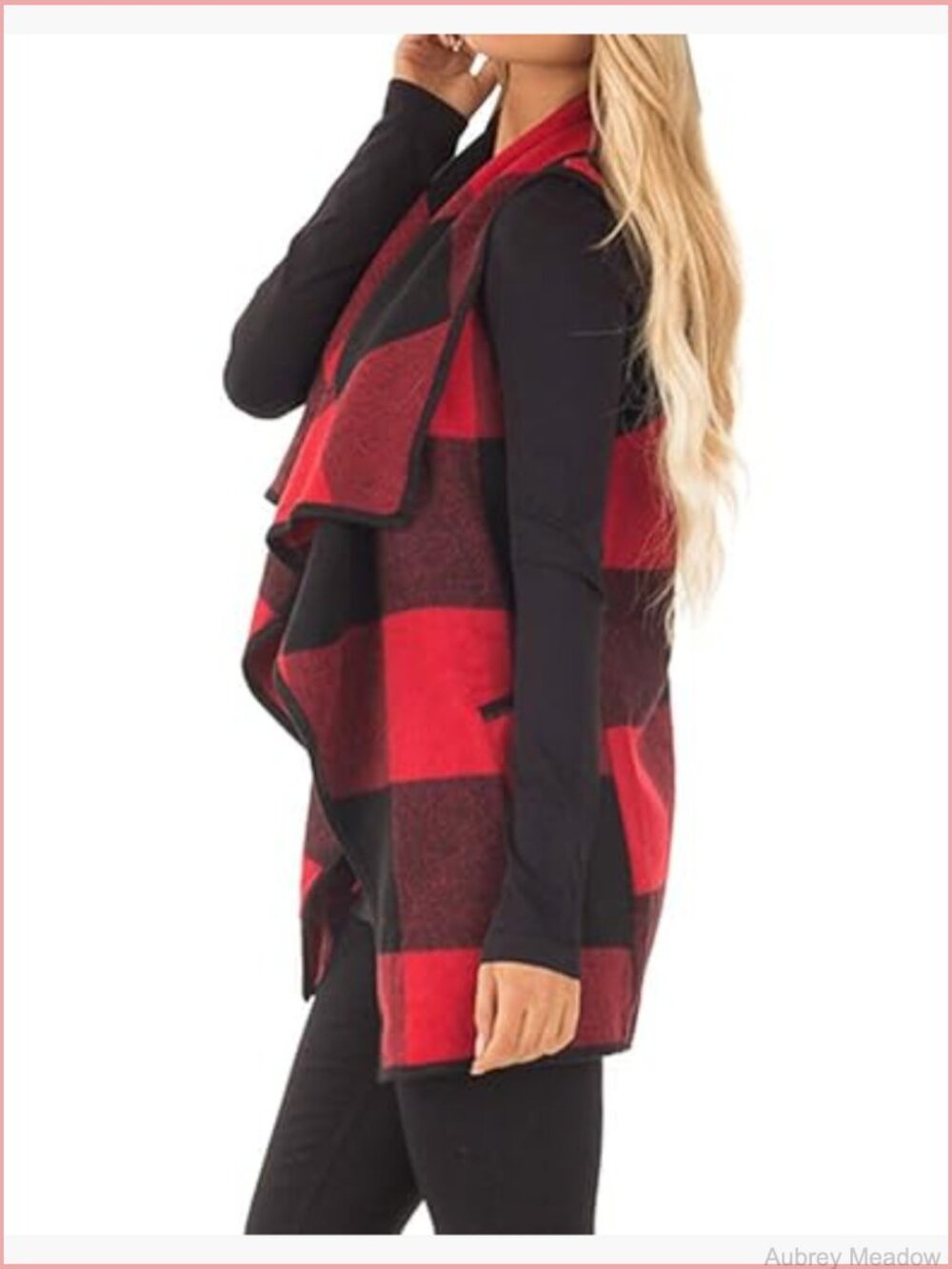 Sleeveless Buffalo Plaid Vest Jacket with Pockets Open Front Cardigan - Picture 2 of 7